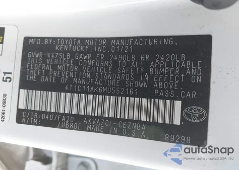 2021 Toyota Camry Le из США, поврежденный, VIN 4T1C11AK6MU552161